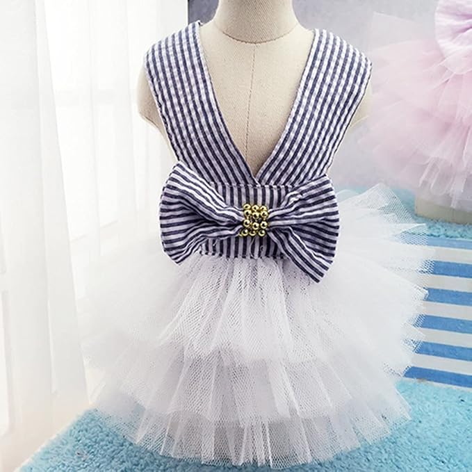 Dog Dresses, Fashion Pet Dog Clothes, Striped Mesh Puppy Dogs Princess Dresses (Blue, Medium)