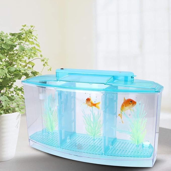 HEEPDD Triple Chamber Fish Breeder Box for Aquarium, Transparent Acrylic Small Fishes Breeding Isolation Box with Six LED Lights and Water Change Valve Breeder for Fish Tank (Blue)