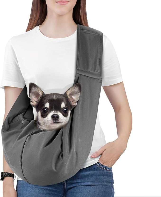 Pawaboo Small Dog Sling Carrier, Reversible Hands Free Dog Sling Carriers for Small Dogs and Cats, Puppy Slings Carrier with Adjustable Strap Buckle & Safety Harness, Puppy Essentials, Dark Gray