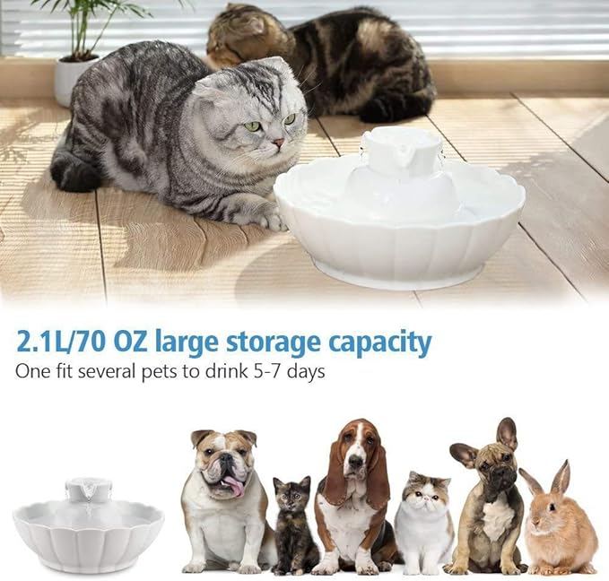 iPettie Tritone Ceramic Cat Water Fountain, Heavy-Duty Waterer for Pets, 2.1 Liters / 2.2 Quart Filtered Water Purifier with Replacement Filters and Foam, White