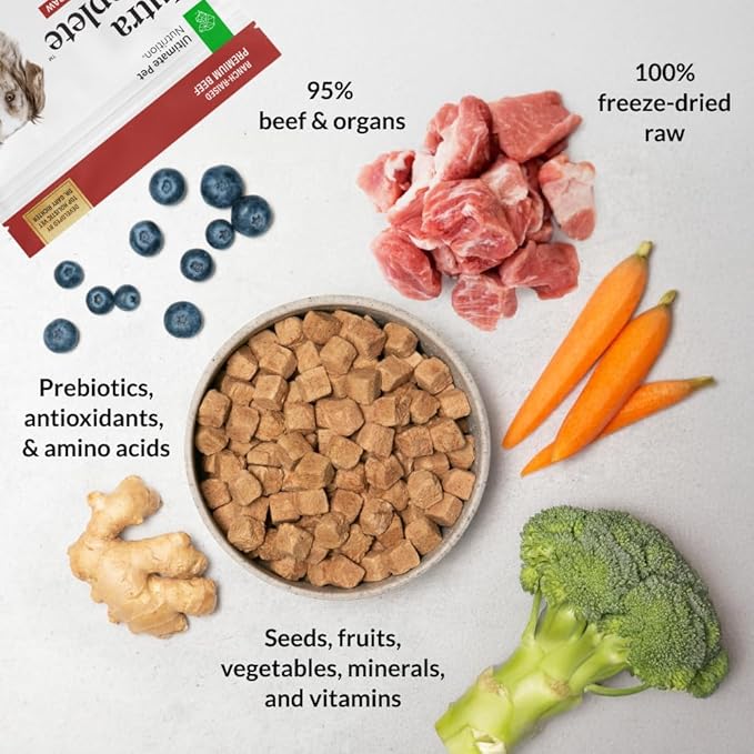 ULTIMATE PET NUTRITION Nutra Complete, 100% Freeze Dried Veterinarian Formulated Raw Dog Food with Antioxidants Prebiotics and Amino Acids, (1 Pound (Pack of 4), Beef)