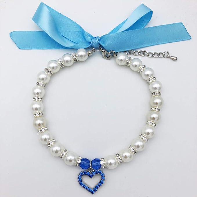 Pearl Crystal Dog Necklace Collar Jewelry for Small Dogs Puppy, Bling Cat Wedding Collar with Rhinestones Charm, Chihuahua Yorkie Clothes Outfits Accessories (Blue Heart, 12 to 14-Inch)
