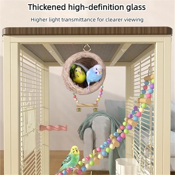 Medium Bird Cage with Rolling Wheels, Modern Clear Decorative Birdcage for Lovebirds, Hill Mynas, Budgerigars, Sun Conures, Munias, White-Eyes(Beige)