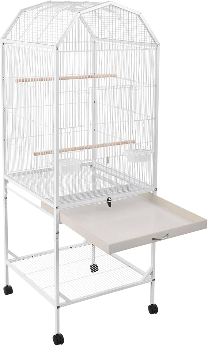 54 Inch 2-Tier Big Bird Cage with Food & Water Bowls Parakeet Bird Cage with Stand, Wheels Metal Birdcage Parrot Cage for Parakeet, Lovebirds, Ringneck, Cockatiels (White, 2 Tier-Open Top)