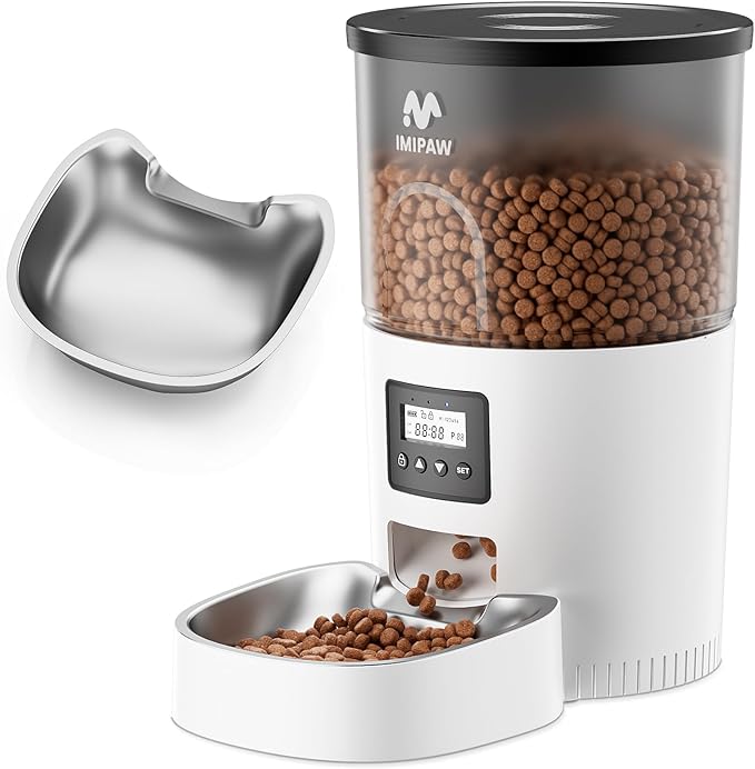 IMIPAW Automatic Cat Feeder, 3L Timed Pet Dry Food Dispenser with Clog-Free Design, Programmable, Dual Power Supply, Desiccant Bags, Auto Feeder for Cats, 1-6 Meals Per Day, with Stainless Steel