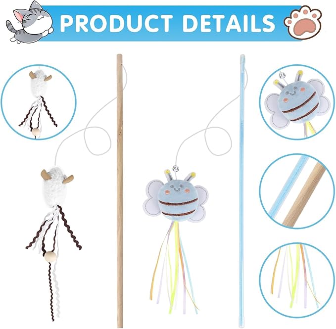 NOWFRESH Cat Wand Toy Set, 2 PCS Interactive Cat Teaser Wands with Cute Lion & Mouse Designs, Equipped with Bells and Streamers to Captivate Your Cat’s Attention