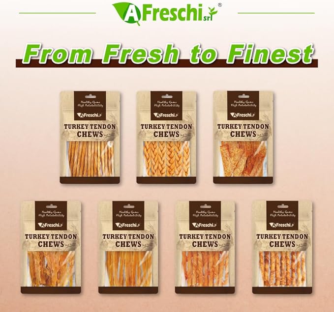 A Freschi srl Turkey Tendons for Dogs, USA-Sourced, Healthy Dog Treats, Rawhide-Free Puppy Chews, All Natural, Hypoallergenic Dog Treats, Turkey Tendon Wrapped Chicken Stick, 3.5 oz Pack