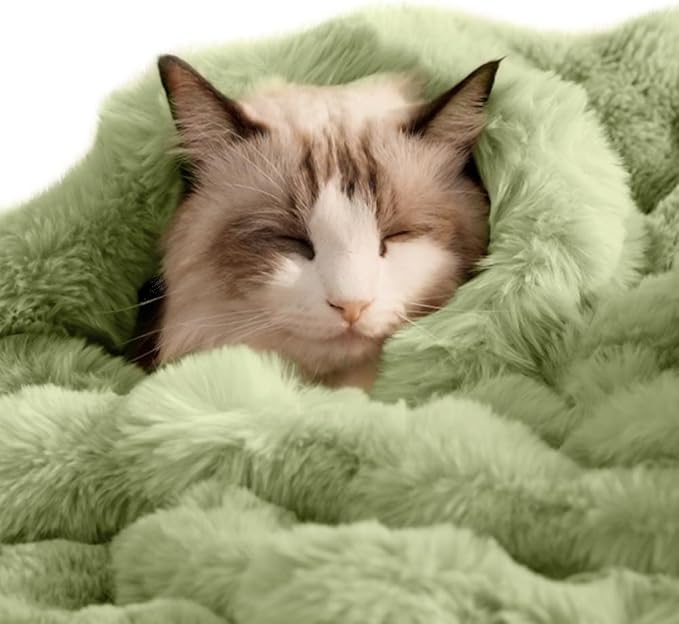 Self-Warming Cat Blanket, Dual-Side Plush Sherpa Throw with Anti-Static, Snuggle Mat for Kittens & Cats, Cozy Bed Topper for Windowsills & Couches, Machine Washable & Dryable, 21x18 Inch Green