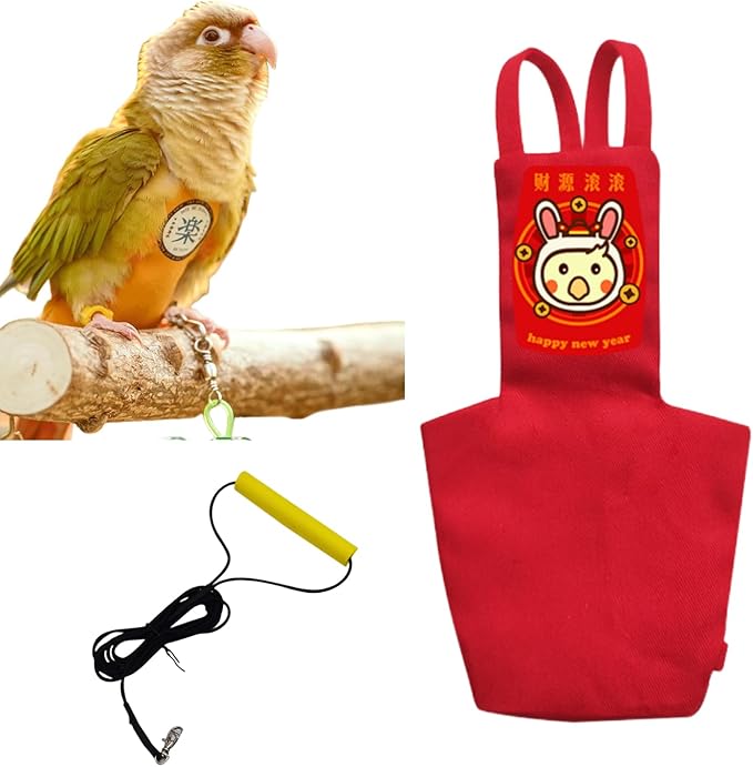 MANON ROSA Bird Diapers Leash Set Washable Reusable Handmade Flight Suit Waterproof Inner Layer - Protective Parrot Nappy Clothes Parakeets Macaws Budgies Canaries (Red1,Cockatiel)