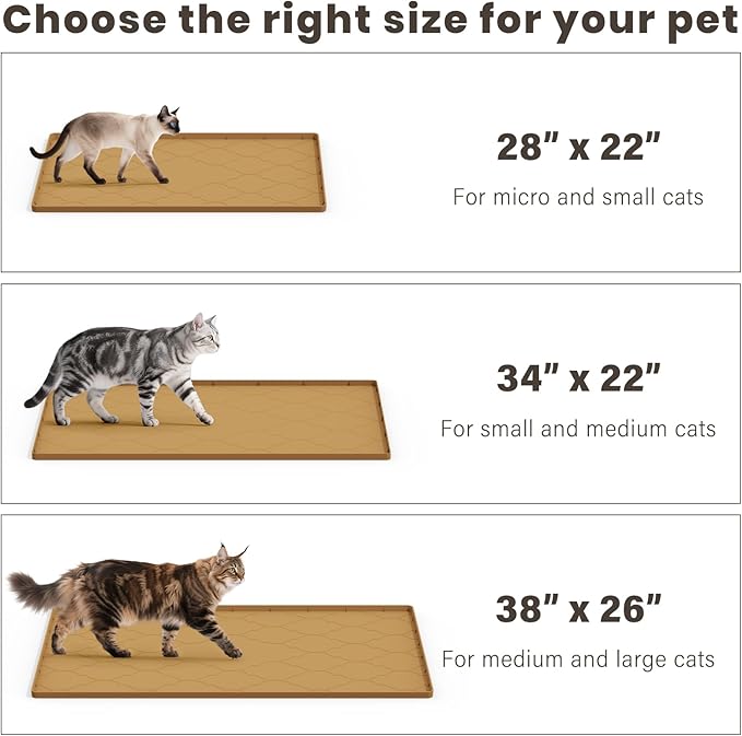 Cat Mat for Litter Box, 38" X 26" Silicone Cat Litter Trapping Mat, Easy Clean for Scatter Control, Soft on Kitty Paws, Waterproof, Urine-Proof, Non-Slip Kitty Litter Mat for Floor, Brown