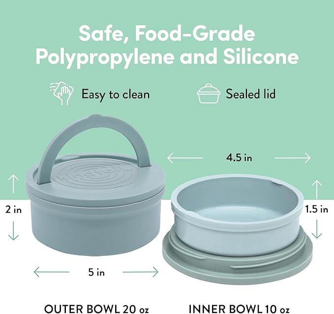 KindTail Portable Pet Feeder, Travel Dog Bowls with Lid and Handle, Microwave and Dishwasher-Safe, 10oz Inner Bowl & 20oz Outer Bowl, Grey