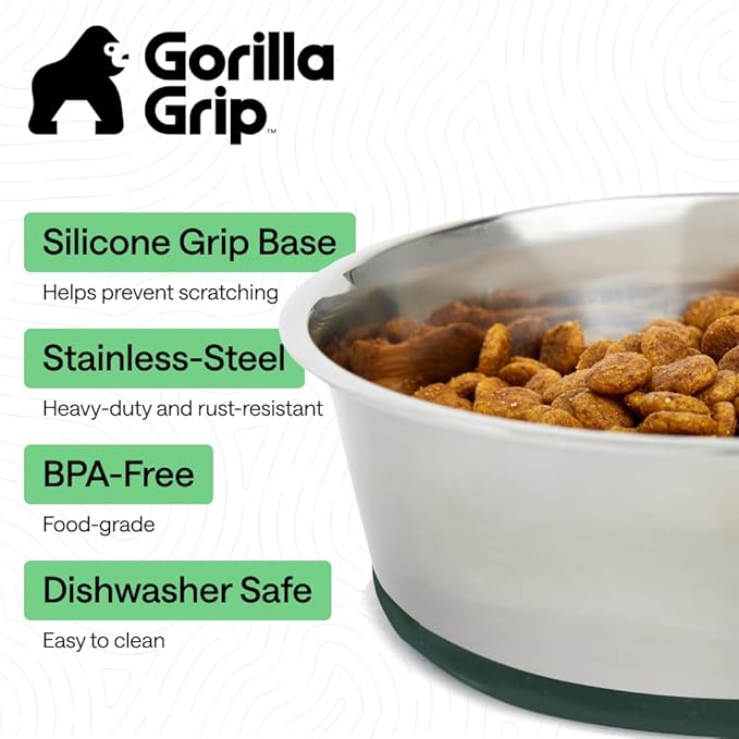 GORILLA GRIP Dog Bowls, Holds 2 Cups Each (16 fl oz), Heavy Duty Stainless Steel Food and Water Bowl for Feeding Dogs and Cats, Dishwasher Safe, Rust Resistant, BPA Free Rubber Base, Set of 2 Green