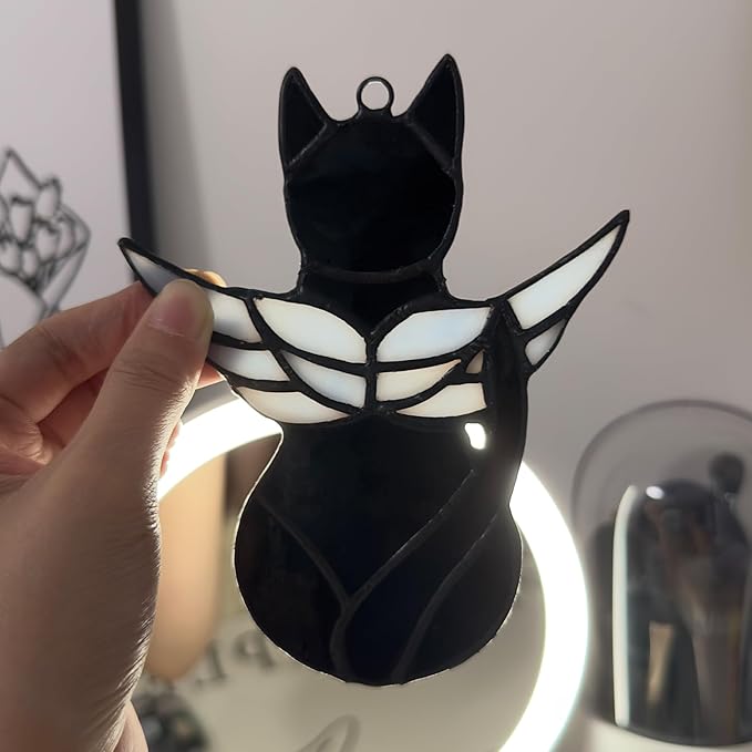Handcrafted Stained Glass Black Angel Cat Suncatcher - Pet Memorial Gift with Colorful Wings, Cat Lovers Sympathy Gift, Home Window Decor
