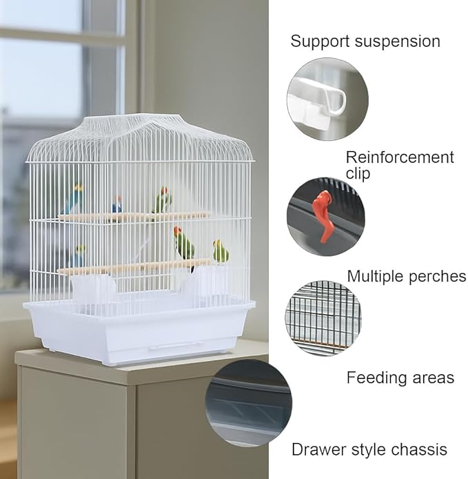 Portable White Bird Cage for Small & Medium Birds, Travel and Home Use, Parrot Cage with Wooden Perch, Swing, Food Bowls & Removable Tray, Ideal for Budgies, Cockatiels, Canaries