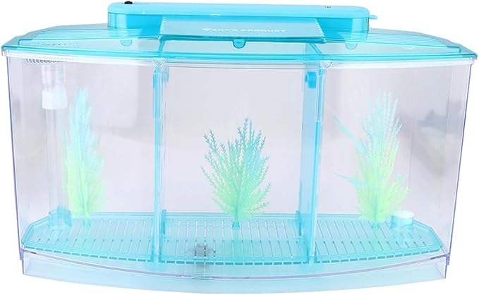 Fockety Breeding Fish Tank LED Acrylic, Three Divisions Isolation Box for Small Fishes with Artificial Grass, Water Change Valve and Filter Bubble Head with Activated Carbon (Blue)