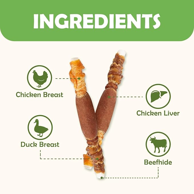 MON2SUN Dog Treats, Triple Flavor 5 Inch Chicken Liver Duck and Chicken Wrapped Rawhide Snacks for Small and Medium Dogs, 10.58 Oz (15 Count-Pack of 1)
