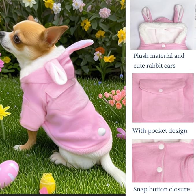ANIAC Bunny Ears Cat Costume Plush Dog Hoodies with Pocket Sweater Cute Kitten Cat Clothes Warm Rabbit Ears Outfit with Hood for Small Dog Cat and Puppy (Pink-2, Large)