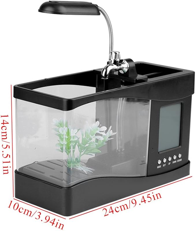 Small Divided Fish Multifunctional USB Rechargeable Mini Fish Aquarium with Clock Function LED Light(Black)