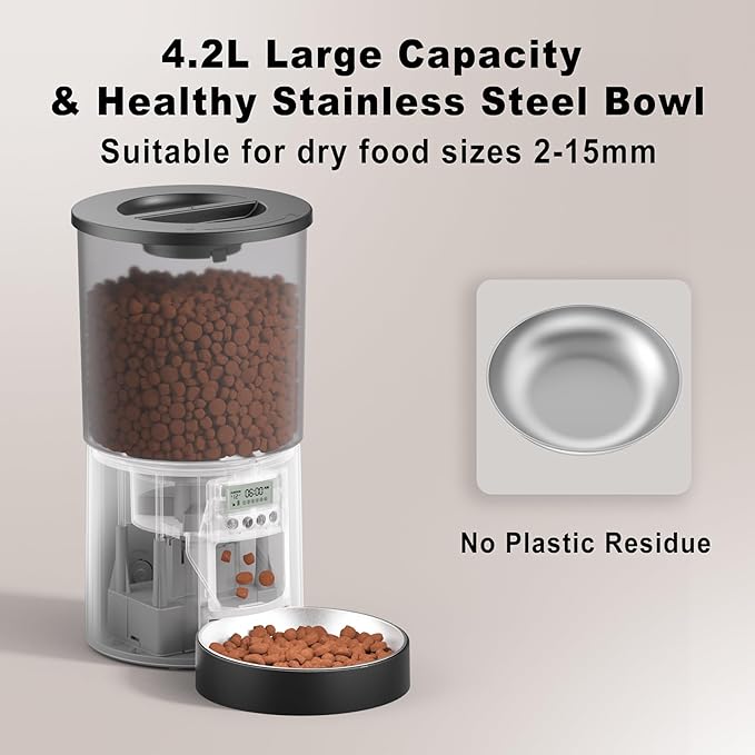 Automatic Cat Feeder 4.2L Cats,6 Meals/Day,Dual Power Portion Control Feeder,Dry Pet Food Auto Dispenser,Timer Setting,10S Voice Record (Transparent Black, Stainless Steel 2 Bowls)