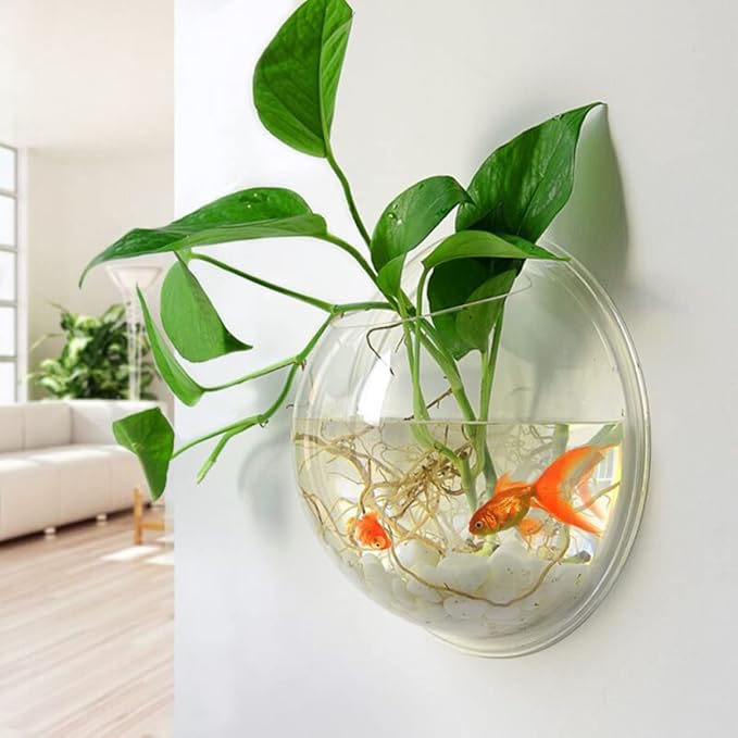 Wall Fish Tank, Betta Mini Garden Air Aquarium, Bubble Water Round Bowl Cups Semi- Farming Wall Goldfish Acrylic Decoration Hanging Transparent 3Pcs