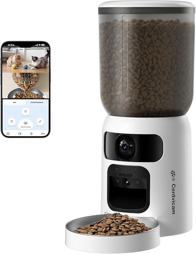 Automatic Cat Feeder with Dual 2K Camera, 5G WiFi with Night Vision, Cat Food Dispenser with App Controlled Pet Feeder, 2-Way Audio, Pet Feeder for Vacation & Work, Freshness Seal, Black