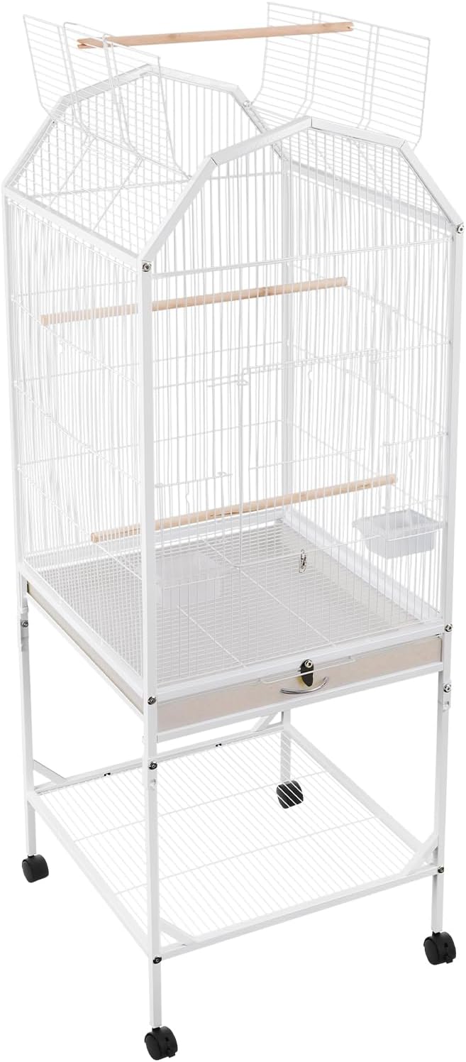 White Bird Cage with Stand Rolling Wheels 18x18x54 Inch for Medium Small Birds, Open Top Metal Cockatiel Parrot Cage with Removable Tray Storage Shelf for Parakeets Lovebirds Finches