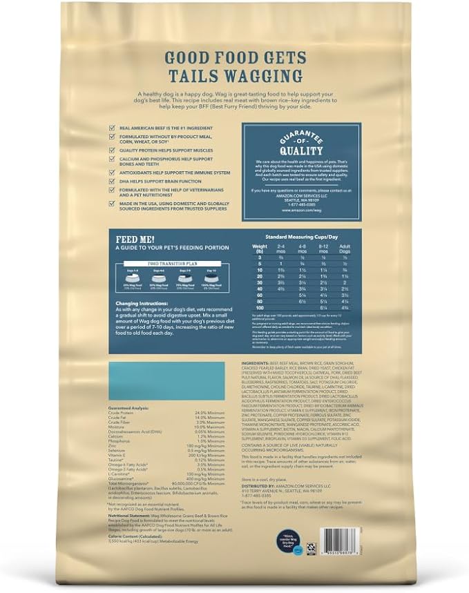 Amazon Brand - Wag Adult Premium Nutrition Dry Dog Food, Supports Stomach and Skin Health, Beef and Brown Rice, 30 lb Bag