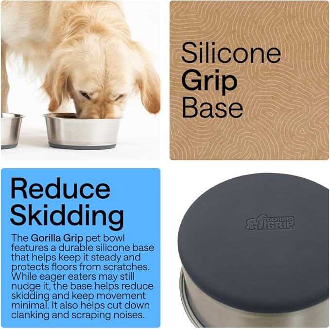 GORILLA GRIP Dog Bowls, Holds 1 Cup Each (8 fl oz), Heavy Duty Stainless Steel Food and Water Bowl for Feeding Dogs and Cats, Dishwasher Safe, Rust Resistant Metal, BPA Free Rubber Base, Set of 2 Gray