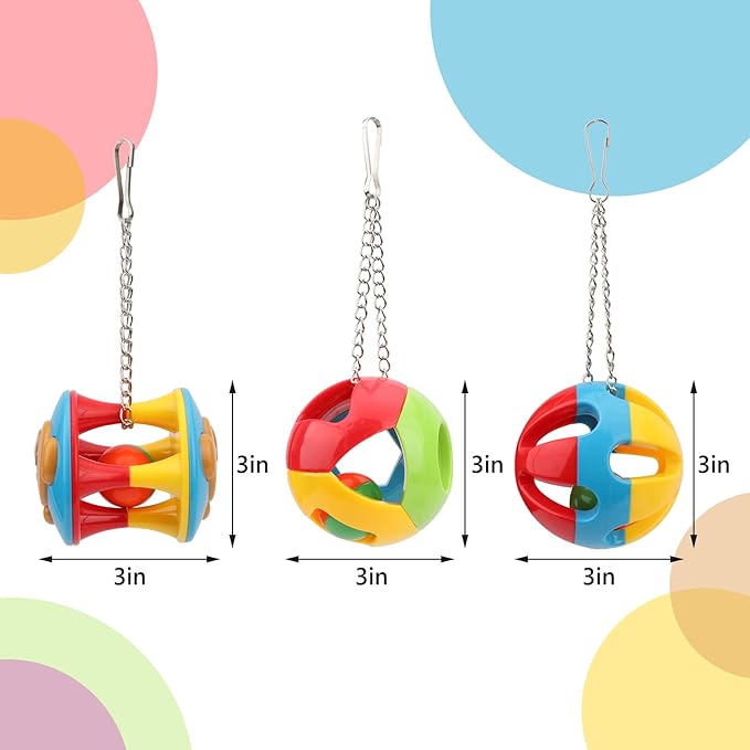 Hypeety Parrot Colorful Ball Toys with Bell Cage Hanging Chewing String for Parakeet Conure Cockatiel Small Medium Birds (A+B+C)