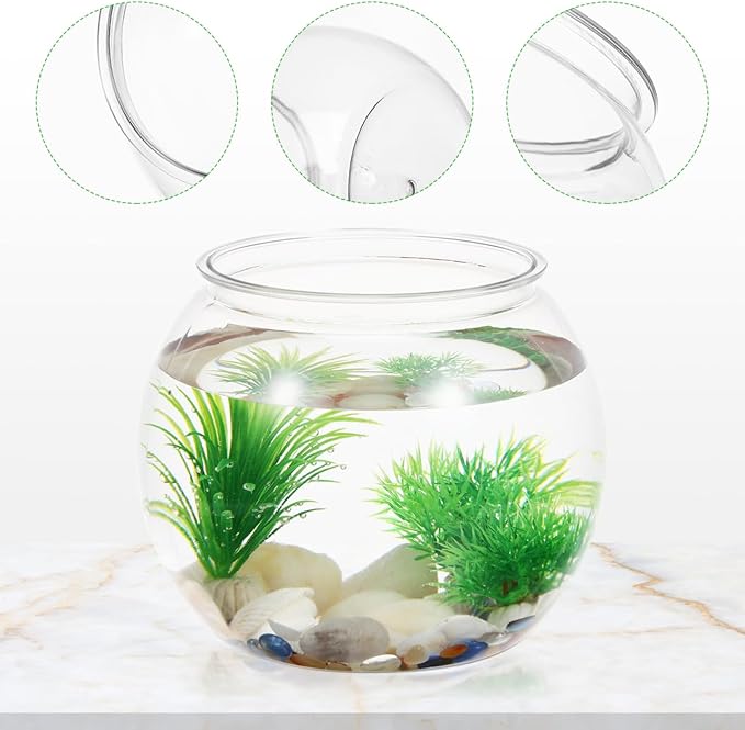 POPETPOP Small Fish Tank Desktop Aquarium Round Clear Plastic Fish Bowl for Home Office Decor 8.66X8.66X6.89 Inches