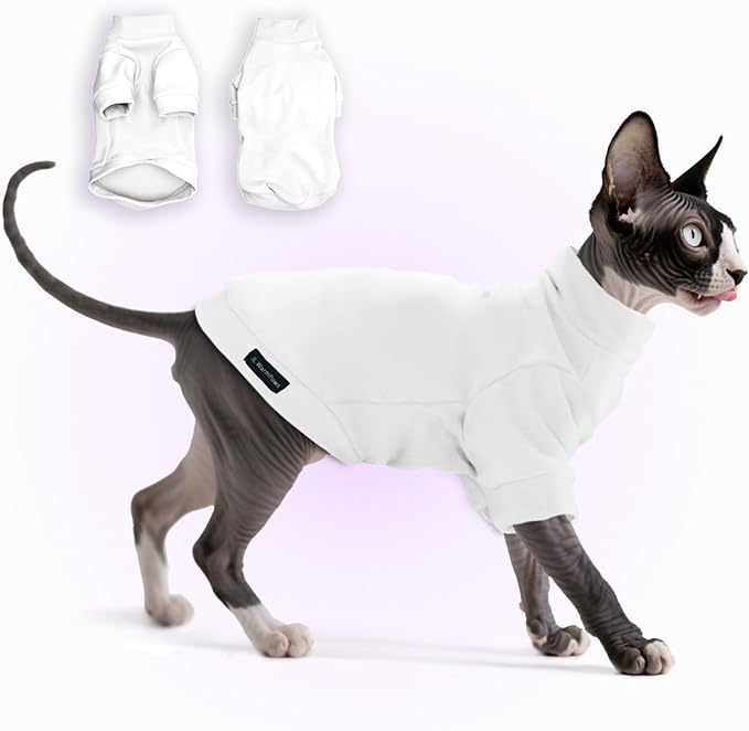 Fleece Sphynx Cat Clothes Soft Hairless Cat Clothes Pullover Cat Sweater for Chihuahua All Season Light and Warm Kitten Cloth for Cats Only Puppy Clothes Small Dog Sweater (White, Large)