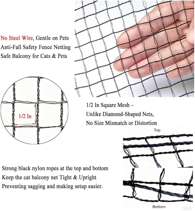 10x13 ft Cat Netting Balcony, No Steel Wire, Anti-Fall Safety Net for Cats – Pet Balcony Screen, Catio Netting, Cat Fence Barrier for Apartment Balconies, Windows, Stair, Decks, Patios