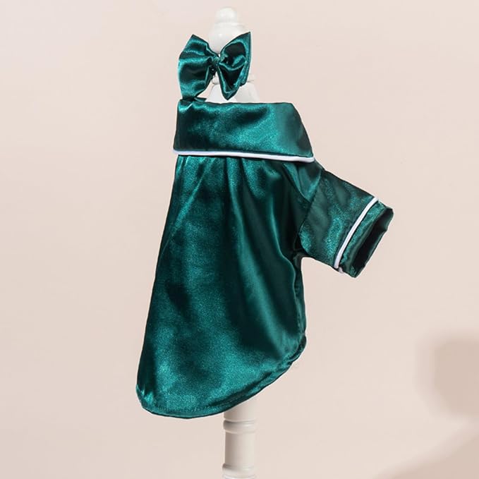 Cat Puppy Costume Elegant Satin Pajamas with Bow Headband 2PCs Set Pet Sleepwear Cute Pet Outfit Cosplay Partywear Photoshoots (Green Set,X-Small)