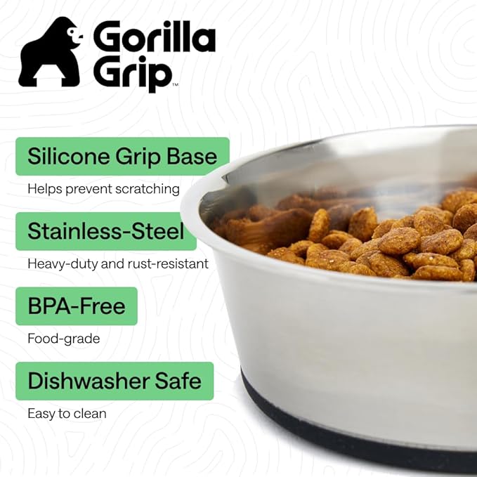 GORILLA GRIP Dog Bowls, Heavy Duty 304 Stainless Steel, Holds 2 Cups Each (16 fl oz) Food and Water Bowl for Feeding Dogs and Cats, Dishwasher Safe, Rust Resistant, BPA Free Rubber Base Set of 2 Black