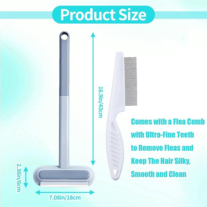 Pet Hair Remover Brush - Reusable Multifunctional Pet Hair Removal Tool for Furniture, 4 in1 Cat and Dog Hair Removal, 17.3Inch Adjustable Long Handle, Gentle on Couch Carpets Bedding (1 Set)