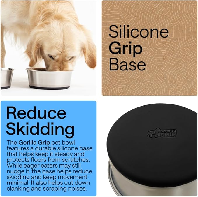 GORILLA GRIP Dog Bowls, Heavy Duty 304 Stainless Steel, Holds 4 Cups Each (32 fl oz) Food and Water Bowl for Feeding Dogs and Cats, Dishwasher Safe, Rust Resistant, BPA Free Rubber Base Set of 2 Black