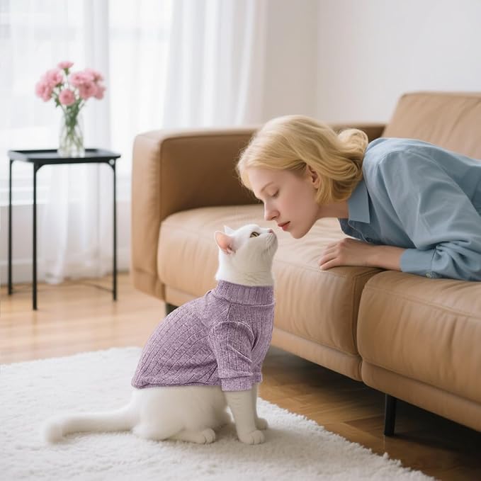 Idepet Sphynx Hairless Cats Sweater Shirt Kitten Soft Puppy Clothes Pullover Cute Cat Pajamas Jumpsuit Cotton Apparel Pet Winter Turtleneck for Cats and Teacup Chihuahua Small Dogs(Purple,XS)