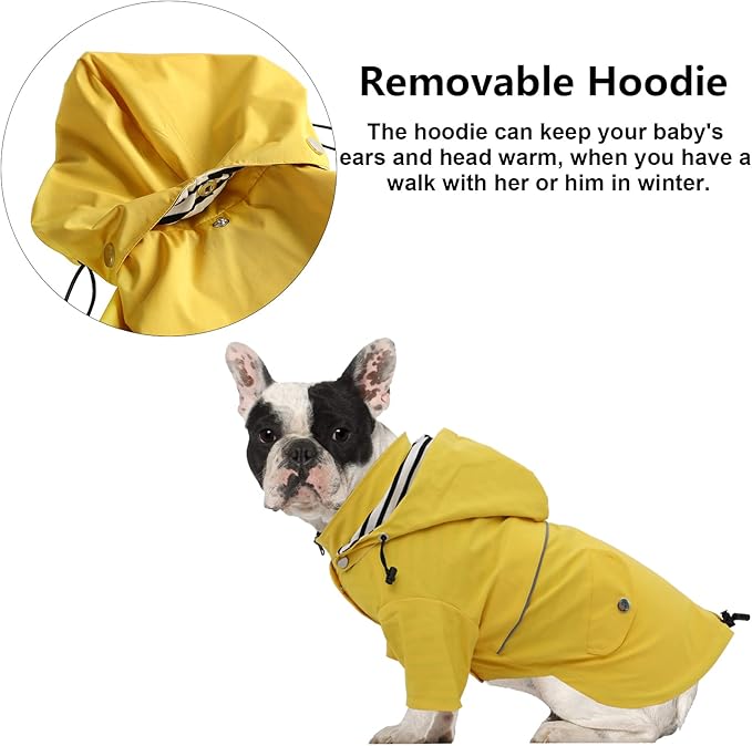 Morezi Dog Zip Up Raincoat with Reflective Buttons, Rain/Water Resistant, Adjustable Drawstring, Removable Hood, Raincoats with Legs 8lbs to 80lbs Available - Yellow - XXL