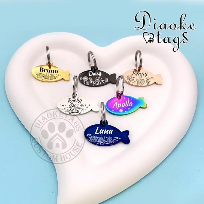 Stainless Steel Cat ID Tag Personalized Pet Tags with up to 4 Lines of Custom Text, Small Pet Mini Dog Cat Tag Lightweight, Engraved on Both Sides, Multiple Patterns Colors Size Options (Star)
