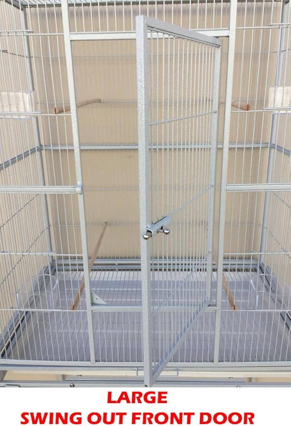 Extra Large Double Center Divider Birdhouse Treehouse Bird Flight Breeder Cage with Breeding Nest Box Doors Removable Rolling Stand (White Vein, 63" L x 19" W x 64" H)