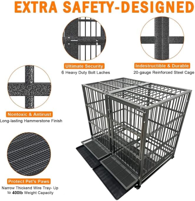 54 Inch Heavy Duty Dog Crate Cage with Wheels, Indestructible and Escape Proof Steel Kennel Indoor for High Anxiety Dogs with Sturdy Locks, Double Door and Tray, Extra Large XL XXL