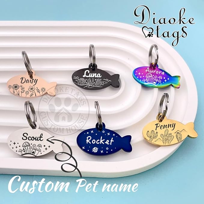 Stainless Steel Cat ID Tag Personalized Pet Tags with up to 4 Lines of Custom Text, Small Pet Mini Dog Cat Tag Lightweight, Engraved on Both Sides, Multiple Patterns Colors Size Options (Oasis)