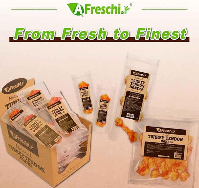 A Freschi srl Turkey Tendon of Dog Bones Shape, USA-Sourced, Limited-Ingredient, Rawhide-Free, Long-Lasting, All-Natural Dog Treats for Medium Dogs, 3 Count Pack (M)