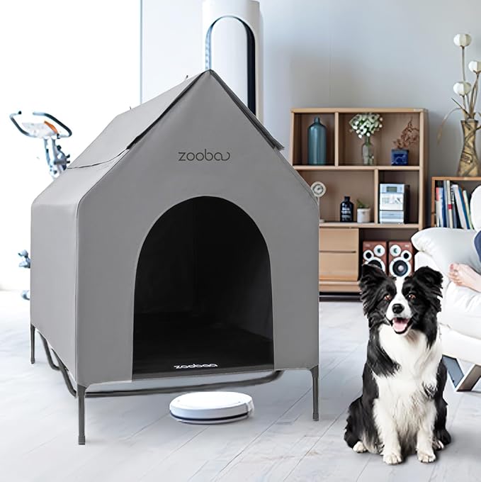 48" XL Outdoor Dog House – Weatherproof Elevated Pet Shelter, Breathable Mesh & Steel Frame, Easy to Assemble & Clean, Large Dog Houses for All Seasons (Grey)