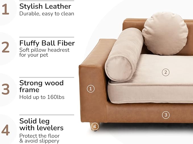 dCee Luxury Dog Sofa Bed, Luxury 42" Leather Pet Couch for Large Dogs, Washable Velvet Cushion, Sturdy Wooden Frame, Anti-Slip Design, Joint Support, Comfortable and Stylish for Pets Up to 160 Lbs