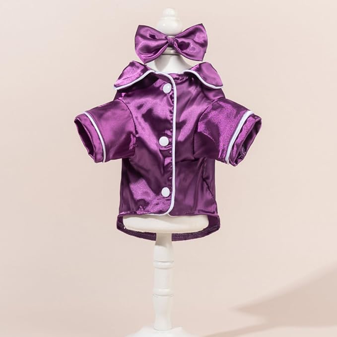 Cat Puppy Costume Elegant Satin Pajamas with Bow Headband 2PCs Set Pet Sleepwear Cute Pet Outfit Cosplay Partywear Photoshoots (Purple Set,Medium)