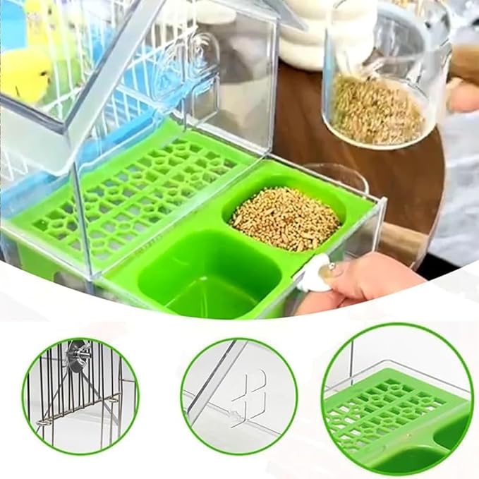 Pull-Out External Parrot Feeder, Clear Hanging Bird Feeder House, No Mess Bird Feeders for Cage, Birds Feeding & Watering Supplies for Parakeet Canary Cockatiel Finch (Green)
