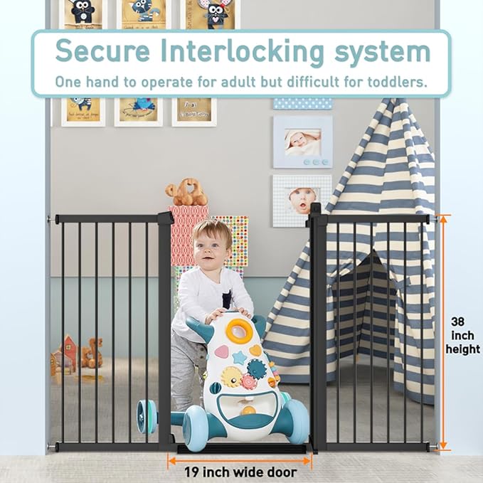 Fairy Baby 38" Extra Tall Baby Gate for Doorways, 76.4"-81.8" Extra Wide Long Dog Gate Indoor for House Stairs, Metal Pressure Mounted Walk Through Swing Safety Gate for Kids Pets, Black