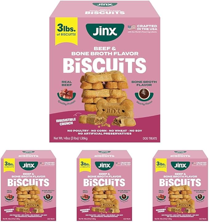 Jinx Oven-Baked Beef Bone Broth Biscuit Dog Treats - Crunchy, All Natural, Superfood-Rich with High-Protein Salmon, Dog Biscuits for Puppies, Adults & Seniors - 3LB (Pack of 4)