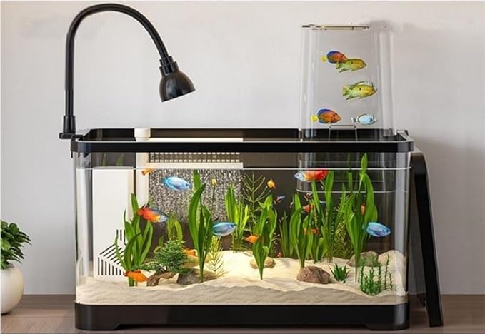 4 Gallon Fish Tank, Small Tabletop Fish Tank, Aquarium with Negative Pressure Tank, Fish Aquarium with Spotlight and Water Pump, Betta Fish Tank Starter Set(Black,15.3x8.5x13.4in)